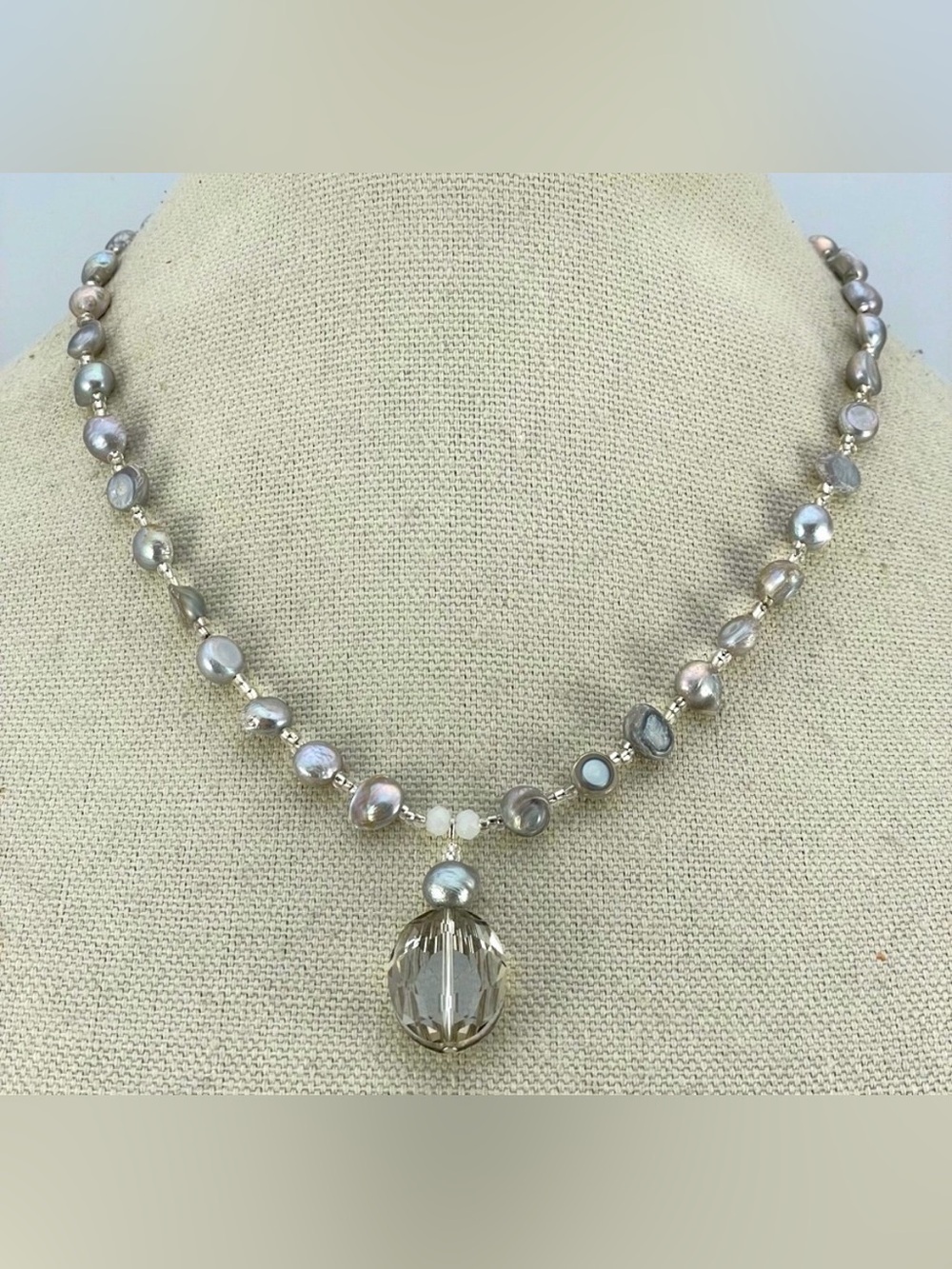 Artisan Handmade Crafted Gray Pearl Beaded Glass Pendant Statement Necklace Boho
